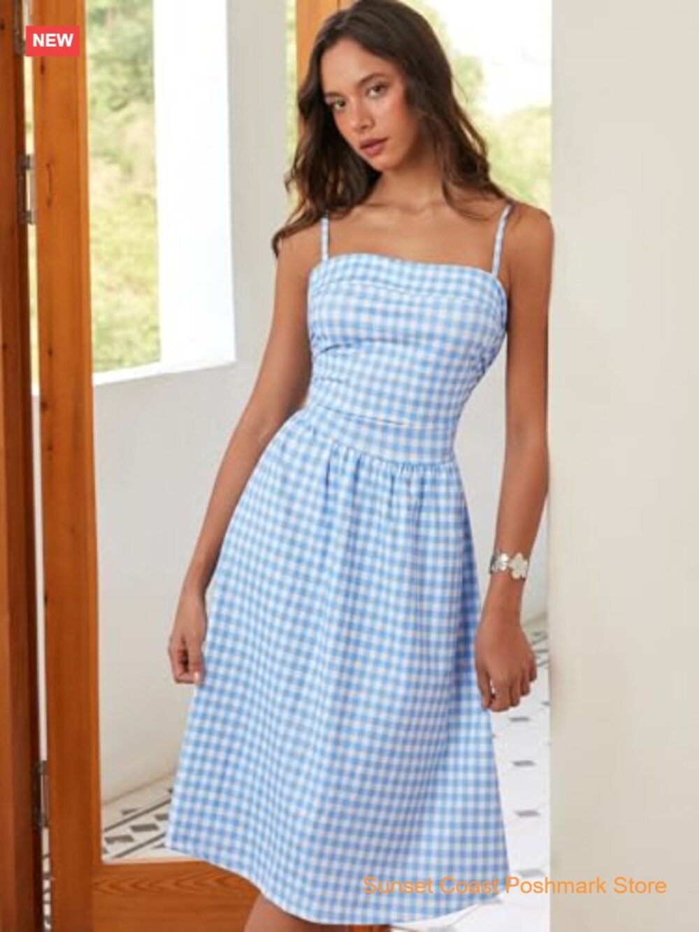 Gingham Midi Dress Sleeveless Ruched Plaid Spaghetti Strap A-Line Scoop Neck - Picture 7 of 7